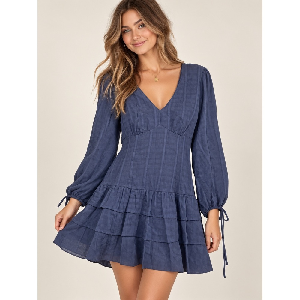 Le Lis Collection Navy Blue Cotton Tiered Ruffle Mini Dress Long Sleeve V-Neck M